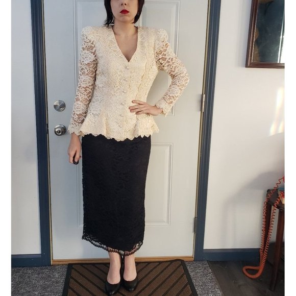 80s/90s Black and Cream Lace Peplum‎ Skirt and Jacket Set - Picture 1 of 6